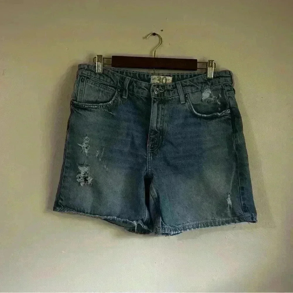 Free People Blue Distressed Jean Shorts